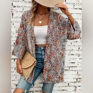 New Tribal Paisley Print Cover Up Long Sleeves Beach Kimono Open Front Cardigan